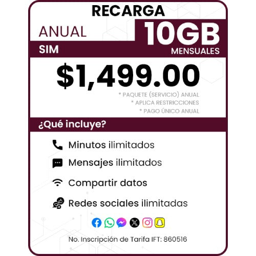 Recarga SIM Paquete Anual 10 GB