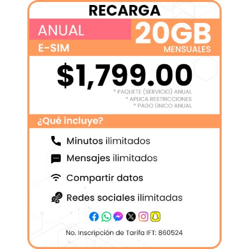 Recarga eSIM Paquete Anual 20 GB