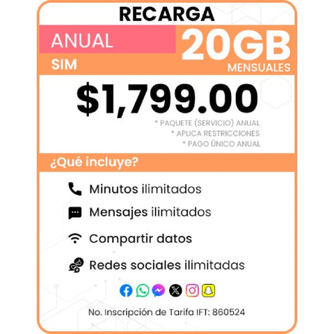 Recarga SIM Paquete Anual 20 GB