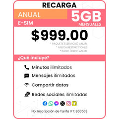 Recarga eSIM Paquete Anual 5GB