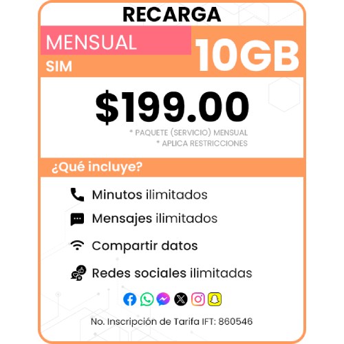 Recarga SIM paquete Mensual 10 GB