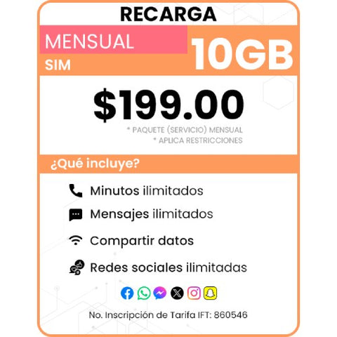 Recarga SIM paquete Mensual 10 GB