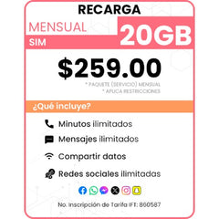 Recarga SIM paquete Mensual 20 GB