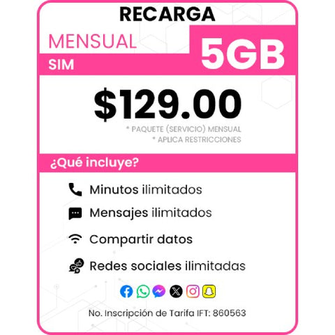 Recarga SIM paquete Mensual 5 GB