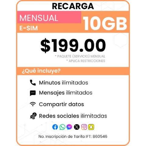 Recarga eSIM Paquete Mensual 10 GB