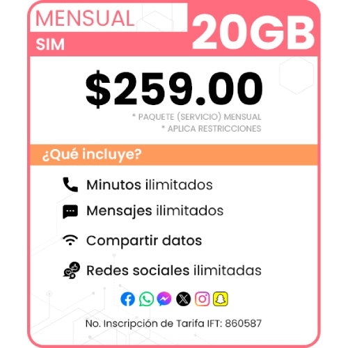 SIM paquete Mensual 20 GB