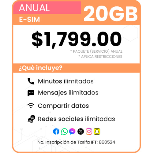 eSIM Paquete Anual 20 GB