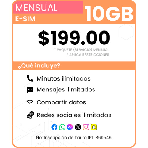 eSIM Paquete Mensual 10 GB