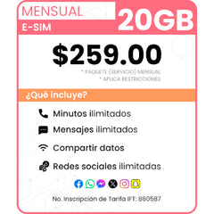 eSIM Paquete Mensual 20 GB